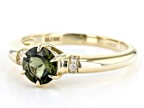 Green Moldavite With White Diamond 10k Yellow Gold Ring 0.60ctw