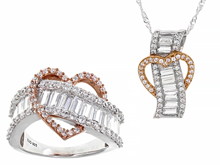 White Cubic Zirconia Platinum And 18K Rose Gold Over Sterling Silver Heart Jewelry Set 5.79ctw