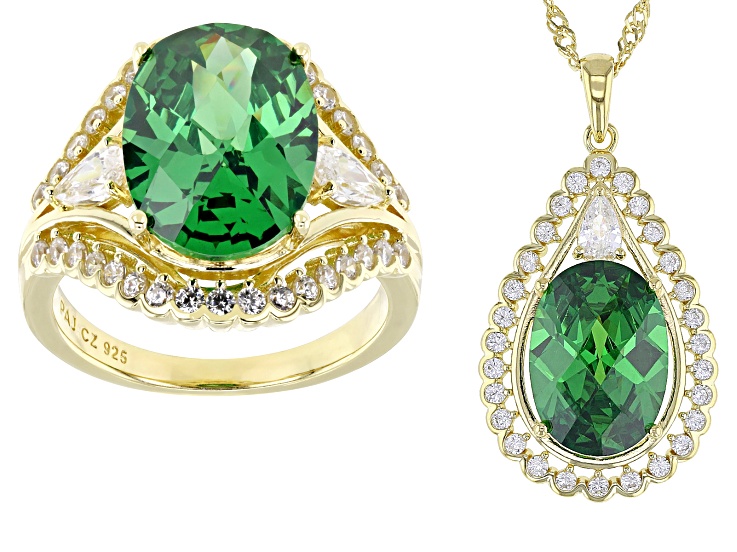 Green And White Cubic Zirconia 18k Yellow Gold Over Sterling Silver Jewelry Set 14.25ctw