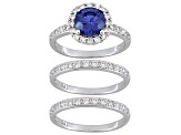 Blue And White Cubic Zirconia Rhodium Over  Sterling Silver Ring 2 Bands 3.17ctw