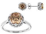 Champagne And White Cubic Zirconia Rhodium Over Sterling Silver Ring And Earring Set 6.51ctw