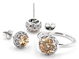 Champagne And White Cubic Zirconia Rhodium Over Sterling Silver Ring And Earring Set 6.51ctw