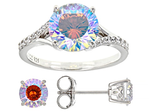 Dillenium Cut Aurora Borealis And White Cubic Zirconia Platinum Over Silver Set 8.31ctw