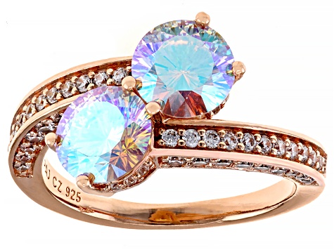 Dillenium Cut Aurora Borealis And White Cubic Zirconia 18k Rose Gold Over Sterling Silver Ring