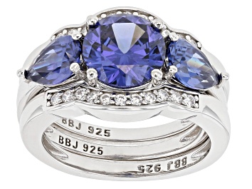 Picture of Blue and White Cubic Zirconia Rhodium Over Sterling Silver Ring With Bands 6.25ctw