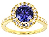 Blue and White Cubic Zirconia 18k Yellow Gold Over Sterling Silver Ring 3.88ctw