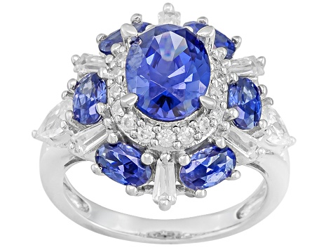 Blue Cubic Zirconia Rhodium Over Sterling Silver Ring 6.69ctw