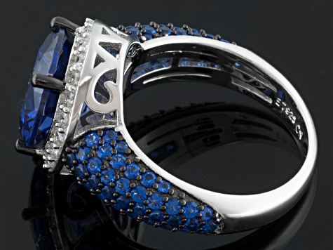 Blue And White Cubic Zirconia And Lab Created Blue Sapphire Rhodium Over Silver Ring 8.23ctw
