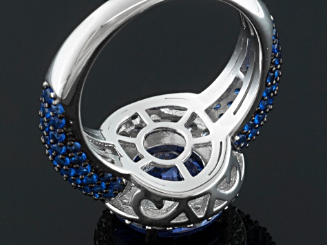 Blue And White Cubic Zirconia And Lab Created Blue Sapphire Rhodium Over Silver Ring 8.23ctw