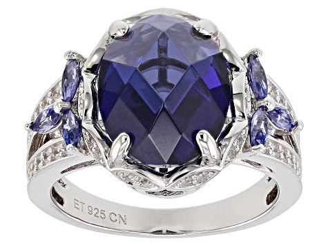 Blue And White Cubic Zirconia Rhodium Over Silver Ring 8.40ctw