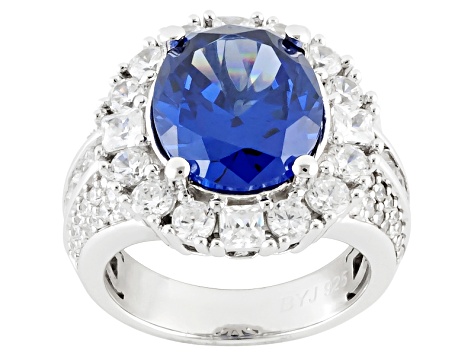 Blue And White Cubic Zirconia Rhodium Over Sterling Silver Ring 8.06ctw