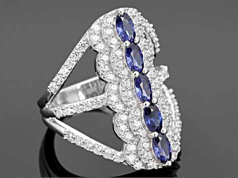 Blue And White Cubic Zirconia Rhodium Over Sterling Silver Ring 4.36ctw