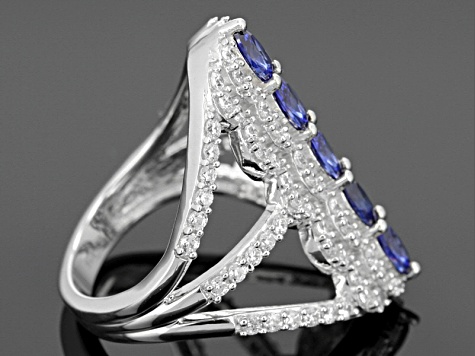 Blue And White Cubic Zirconia Rhodium Over Sterling Silver Ring 4.36ctw