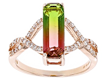 Picture of Watermelon Tourmaline Simulant And White Cubic Zirconia 18k Rose Gold Over Silver Ring 0.38ctw