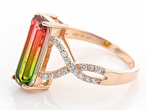 Watermelon Tourmaline Simulant And White Cubic Zirconia 18k Rose Gold Over Silver Ring 0.38ctw