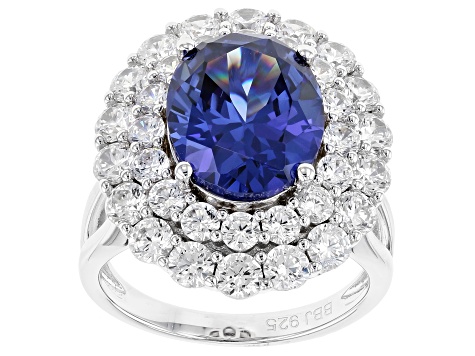 Blue & White Cubic Zirconia Rhodium Over Sterling Silver Center Design Ring 12.90ctw