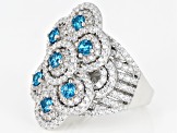 Blue & White Cubic Zirconia Rhodium Over Sterling Silver Cluster Ring 4.34CTW