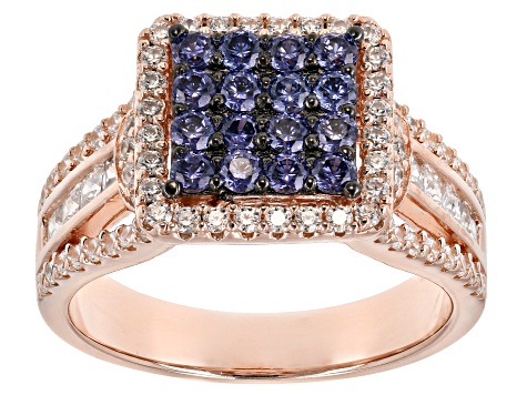 Blue And White Cubic Zirconia 18K Rose Gold Over Sterling Silver Ring 2.66CTW