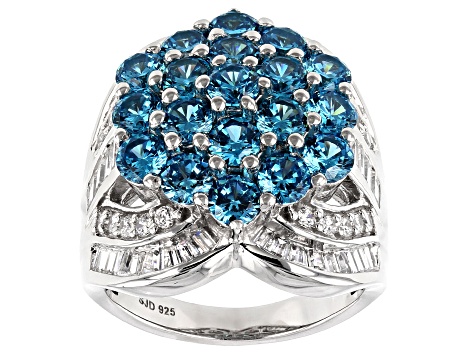 Blue And White Cubic Zirconia Rhodium Over Sterling Silver Ring 7.76CTW