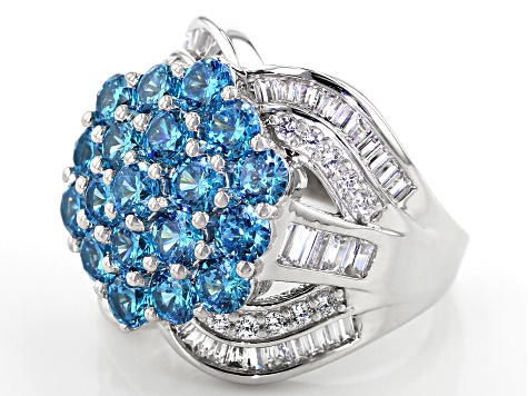 Blue And White Cubic Zirconia Rhodium Over Sterling Silver Ring 7.76CTW