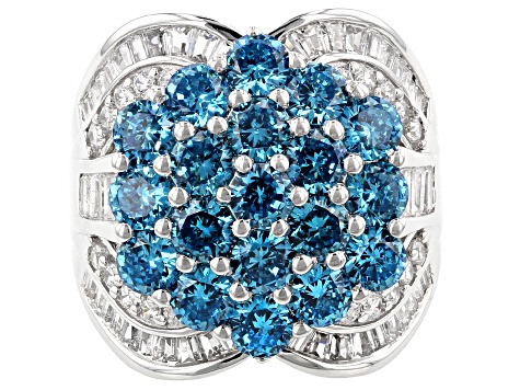 Blue And White Cubic Zirconia Rhodium Over Sterling Silver Ring 7.76CTW