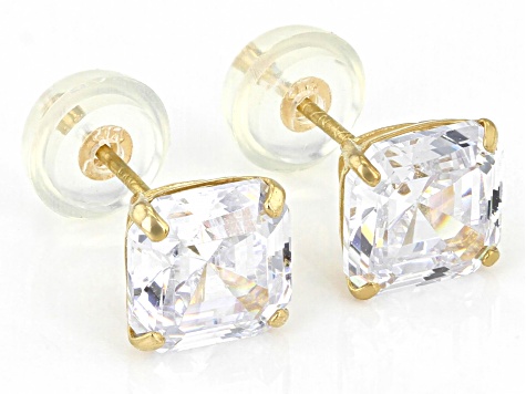 A&M 14K Yellow Gold 7mm Square Cubic Zirconia Stud Earrings