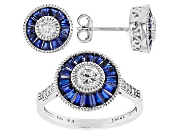 Picture of Lab Created Blue Spinel And White Cubic Zirconia Rhodium Over Silver Ring & Earrings 3.09ctw