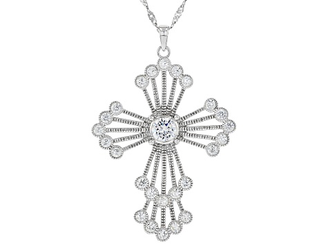 White Cubic Zirconia Rhodium Over Sterling Silver Cross Pendant With Chain 4.44ctw