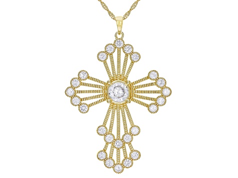 White Cubic Zirconia 18K Yellow Gold Over Sterling Silver Cross Pendant With Chain 4.44ctw