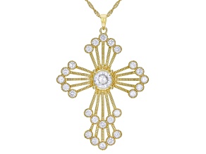 White Cubic Zirconia 18K Yellow Gold Over Sterling Silver Cross Pendant With Chain 4.44ctw