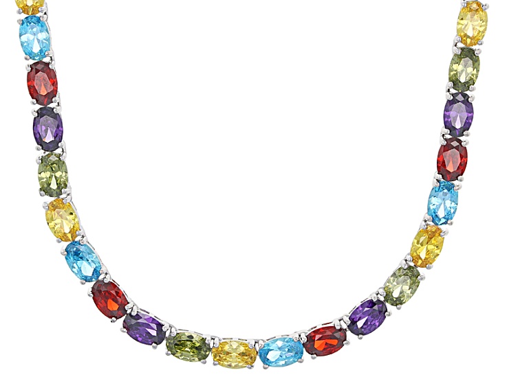 Blue,Purple,Green,Yellow,Red Cubic Zirconia Rhodium Over Sterling Necklace 52.05ctw