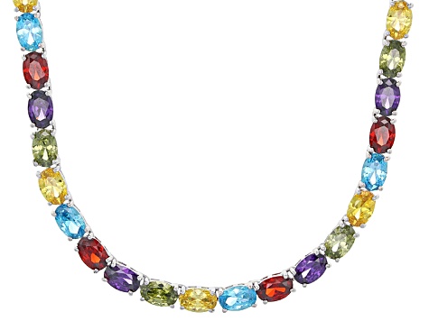 Blue,Purple,Green,Yellow,Red Cubic Zirconia Rhodium Over Sterling Necklace 52.05ctw