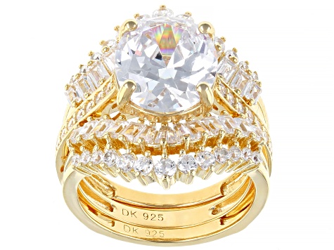 White Cubic Zirconia 18k Yellow Gold Over Sterling Silver Ring With Two Guards & Band