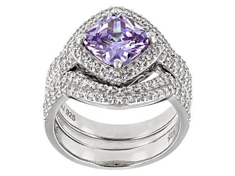 Purple & White Cubic Zirconia Rhodium Over Sterling Silver Ring With Bands 6.35ctw