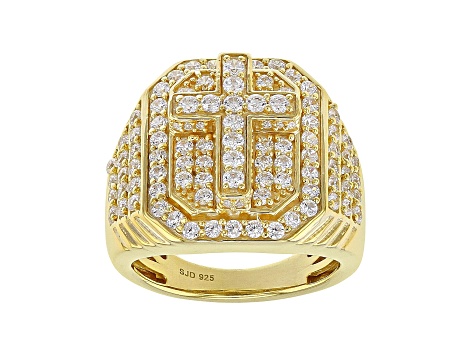 White Cubic Zirconia 18K Yellow Gold Over Sterling Silver Cross Ring 2.92CTW