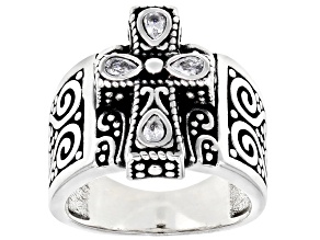 White Cubic Zirconia Rhodium Over Sterling Silver Cross Ring 0.84ctw