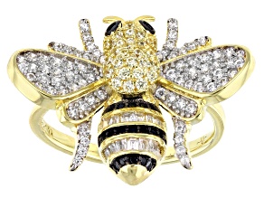 Black Nanocrystal, White and Yellow Cubic Zirconia 18K Yellow Gold Over Silver Bumblebee Ring
