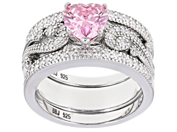 Picture of Pink And White Cubic Zirconia Rhodium Over Sterling Silver Heart Ring With Bands 2.50CTW