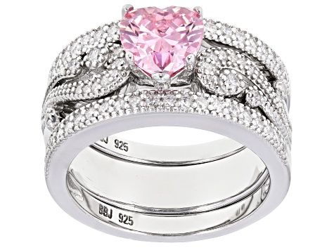 Pink Band Ring Cubic Zirconia Rhodium Plated Sterling Silver 