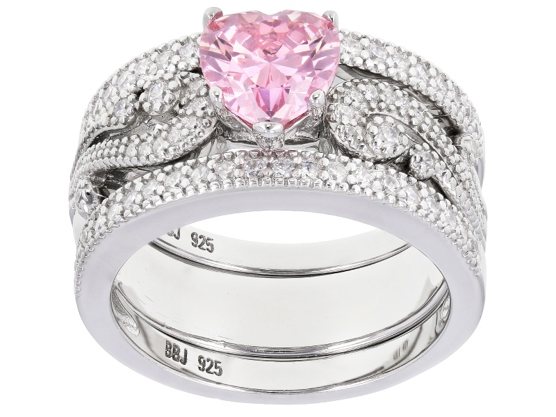 Pink And White Cubic Zirconia Rhodium Over Sterling Silver Heart Ring With Bands 2.50CTW