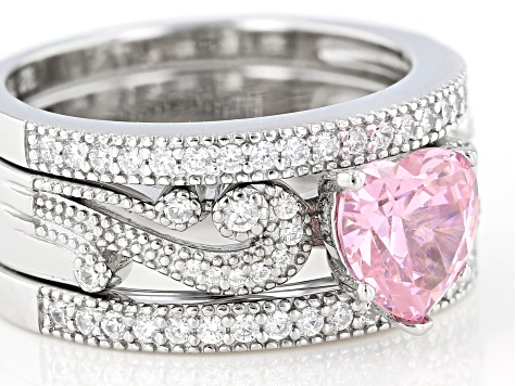 Pink And White Cubic Zirconia Rhodium Over Sterling Silver Heart Ring With Bands 2.50CTW