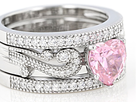 Pink And White Cubic Zirconia Rhodium Over Sterling Silver Heart Ring With  Bands 2.50CTW