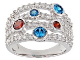 Blue, Red, And White Cubic Zirconia Rhodium Over Sterling Silver Ring 3.33CTW