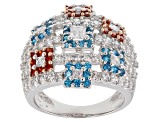 Blue, Red, And White Cubic Zirconia 18K Rose Gold And Rhodium Over Sterling Silver Ring 3.87CTW