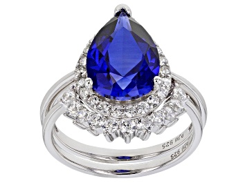 Picture of Lab Created Blue Sapphire and White Cubic Zirconia Rhodium Over Sterling Ring With Band 6.40ctw