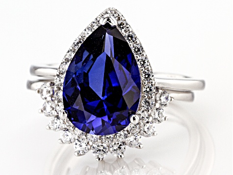 Lab Created Blue Sapphire and White Cubic Zirconia Rhodium Over Sterling Ring With Band 6.40ctw