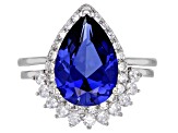 Lab Created Blue Sapphire and White Cubic Zirconia Rhodium Over Sterling Ring With Band 6.40ctw