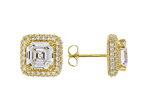 White Cubic Zirconia 18K Yellow Gold Over Sterling Silver Asscher Cut Earrings 7.16ctw