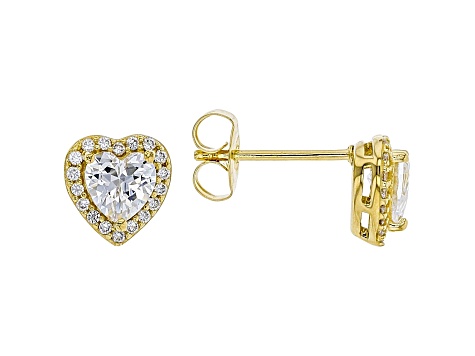 White Cubic Zirconia 18K Yellow Gold Over Sterling Silver Heart Stud Earrings 1.69ctw