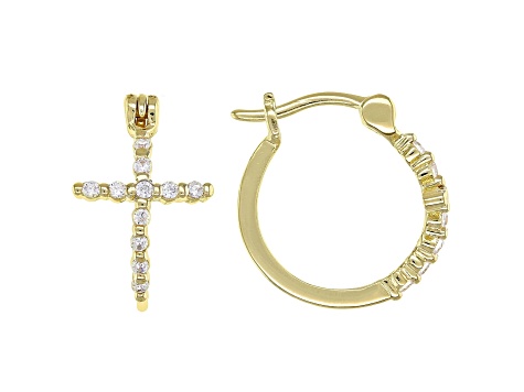 White Cubic Zirconia 18K Yellow Gold Over Sterling Silver Cross Hoop Earrings 0.34ctw